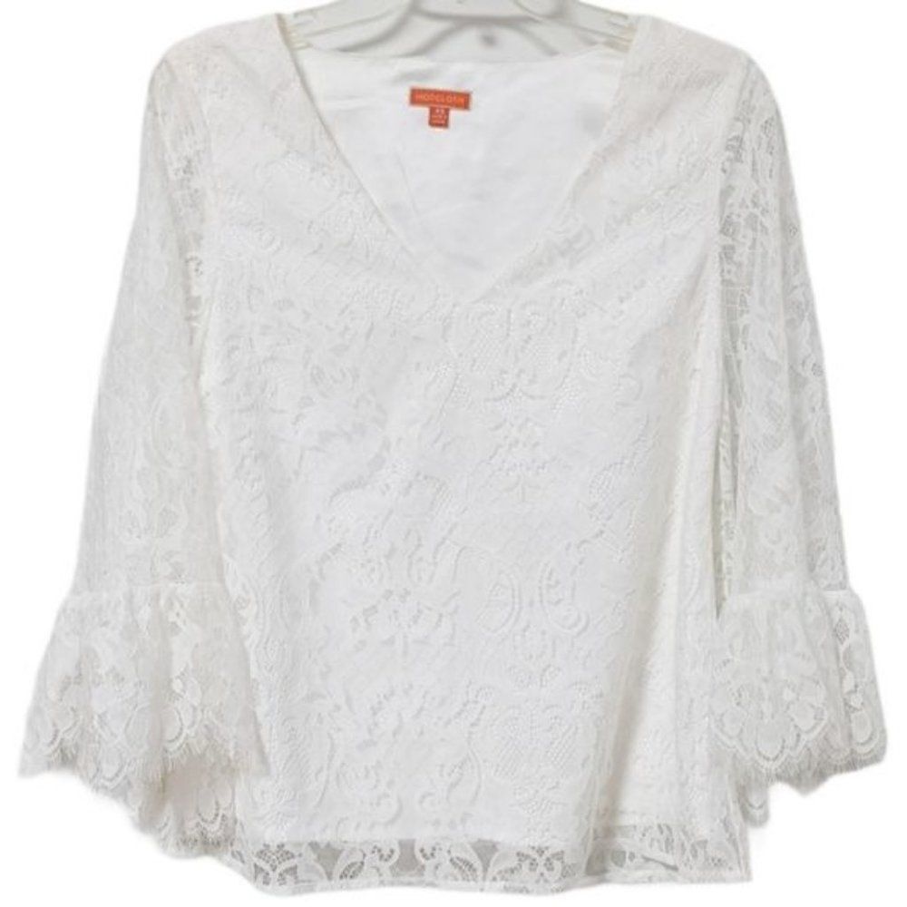 ‎Modcloth Lace Blouse White Bell Sleeves V-Neck Cottagecore Polyamide Boho XS